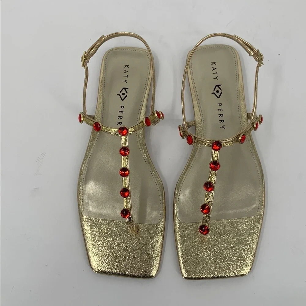Katy Perry Camie Gemstone sandal shoe gold metallic red t-strap flat ruby new 10